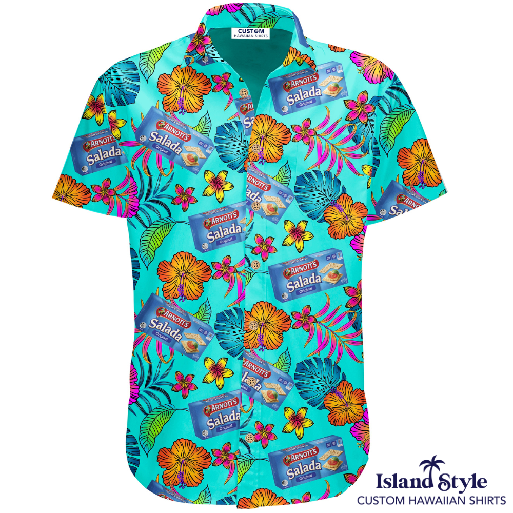 Arnott's National Sales Conference ordered some stand-out Custom Hawaiian Conference Shirts. We made shirts for many of their very well known brands. Monte Carlos, Salada, Shapes, Tim Tams and Tiny Teddys