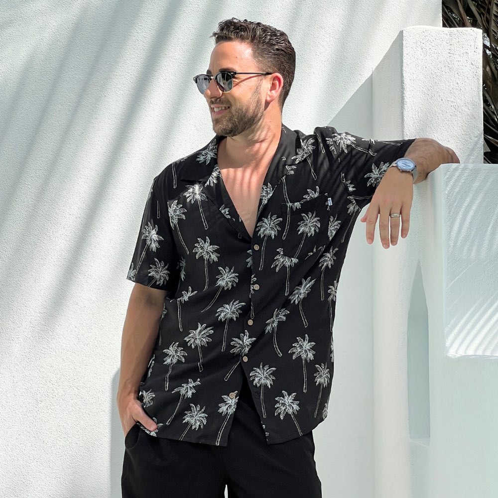 Midnight Oasis - Mens Hawaiian Shirt Black and White Palm Tree Shirt