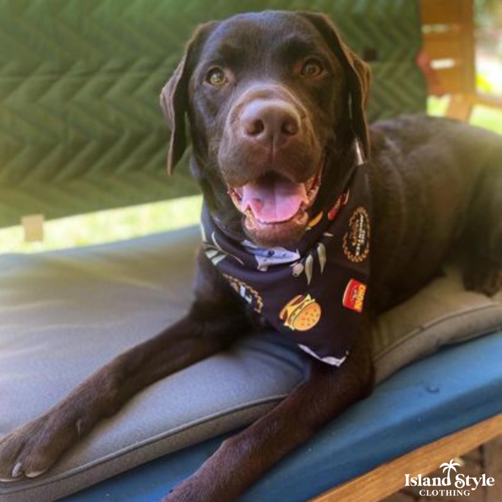 These cool custom dog Bandanas were made to match the Custom Hawaiian Shirts we designed and made for Mt Helena Tavern, WA featuring 'Fatty' their resident staffy and some Aussie gum leaves. It doesn't get much more Australian than this.