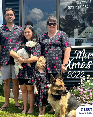 These cool custom pet Bandanas were made to match the Custom Hawaiian Shirts & Kaftan as Uniforms for Mrs K's Grooming in Tokoroa, NZ. This is an epic family business and Rach is a Master Groomer, on the NZ Groom team and competes internationally, how cool is that! 